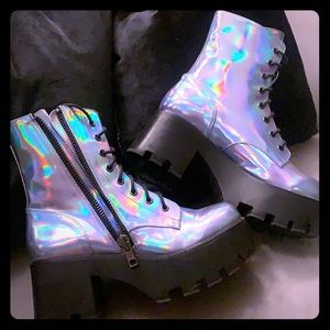 Holographic/silver platform combat boots! Size 9